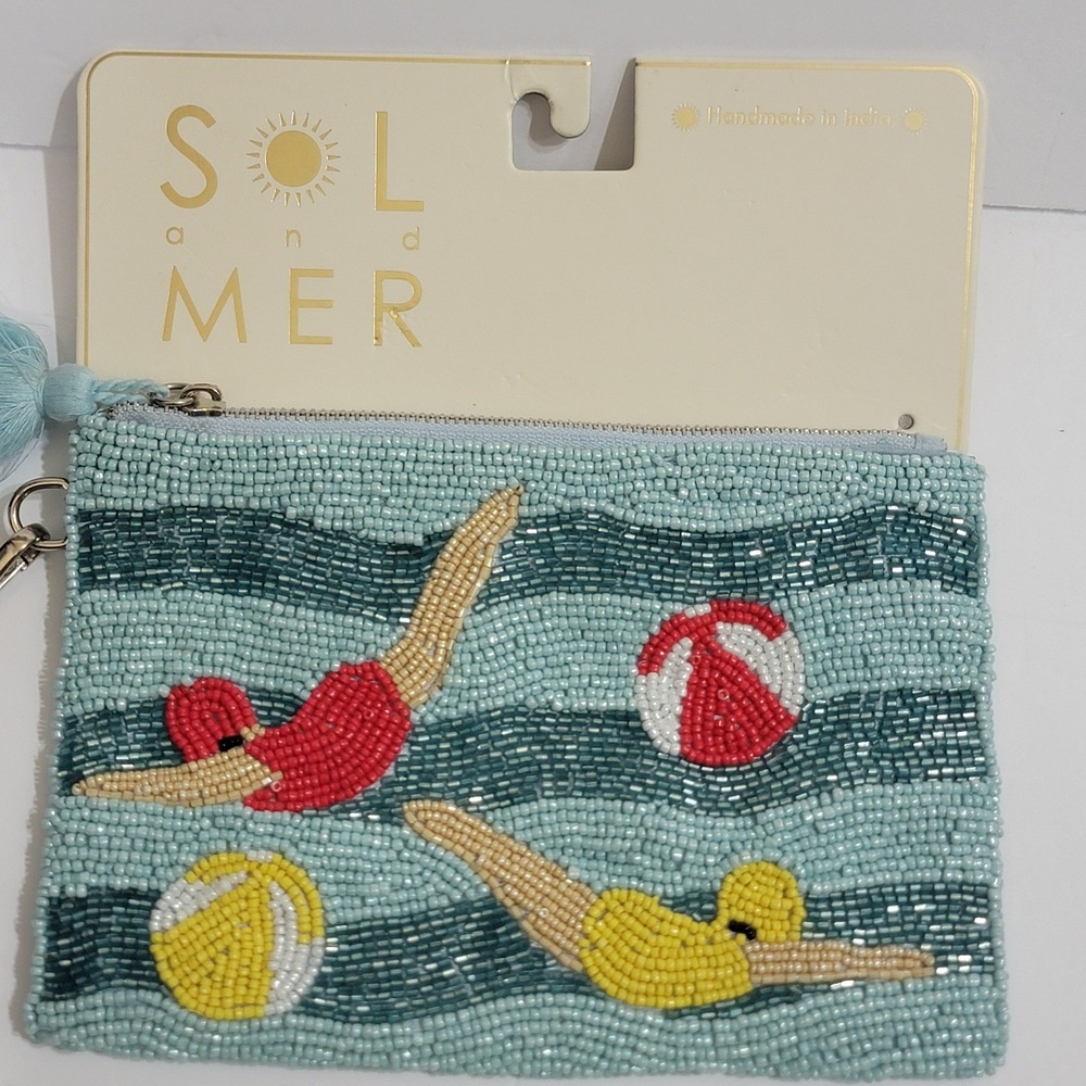 Sol and Mer Beaded Wristlet Clutch Blue Swimmers Beach Ball Handmade India NWT